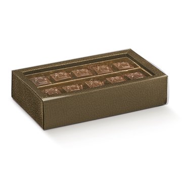 Obrázek 1 produktu SC Krabička na pralinky čiré víčko zlatý vklad potisk hnědá kůže14,5x7,5x3,5cm 5x10ks