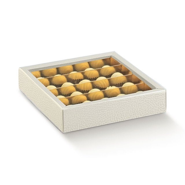Obrázek produktu SC Krabička na pralinky čiré víčko zlatý vklad potisk bílá kůže 21,5x21,5x3,5cm 5x10ks