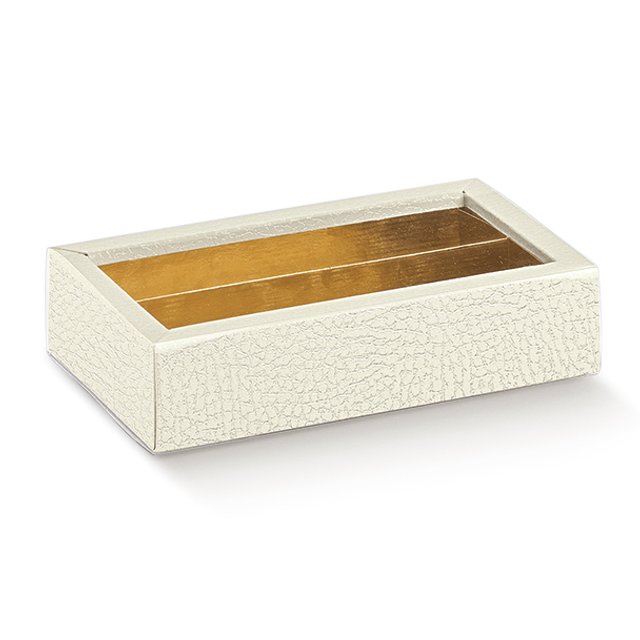 Obrázek produktu SC Krabička na pralinky čiré víčko zlatý vklad (nižší 2,5cm) bílá kůže 14,5x7,5x3,5cm 10ks