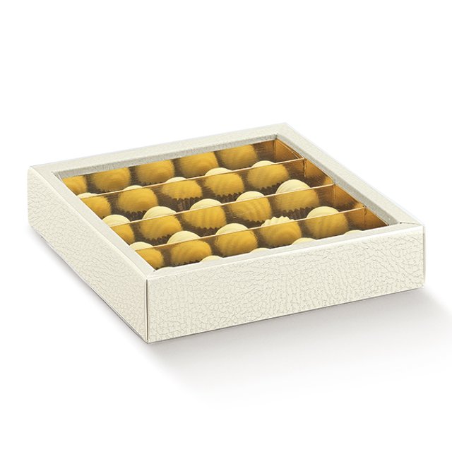 Obrázek produktu SC Krabička na pralinky čiré víčko zlatý vklad potisk bílá  kůže14,5x14,5x3,5cm 5x10ks