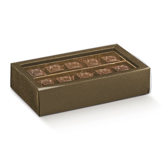 Obrázek produktu SC Krabička na pralinky s průhl. víčkem a zlatý vklad (nižší 2,5cm) hnědá kůže14,5x7,5x3,5cm 5x10ks