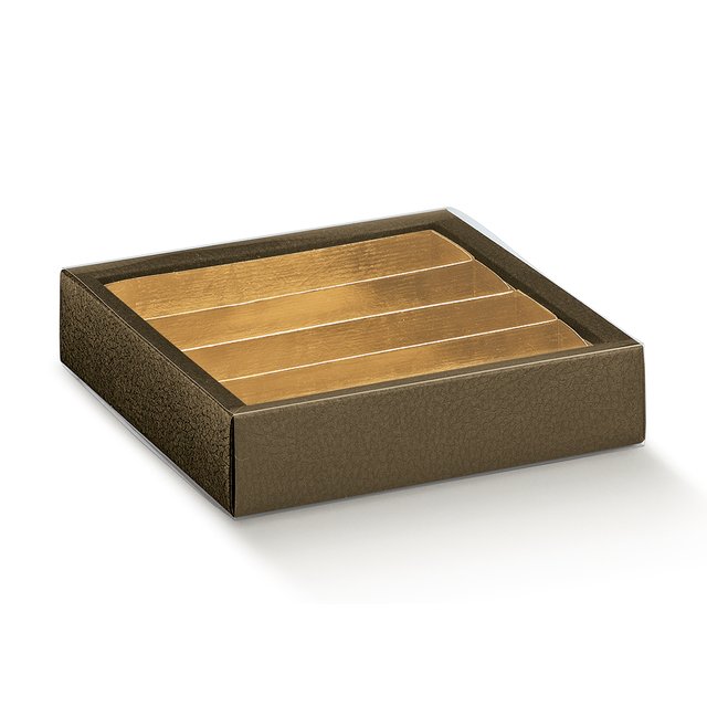 Obrázek produktu SC Krabička na pralinky čiré víčko zlatý vklad potisk hnědá kůže14,5x14,5x3,5cm 5x10ks
