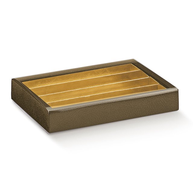 Obrázek produktu SC Krabička na pralinky čiré víčko zlatý vklad potisk hnědá kůže 21,5x14,5x3,5cm 5x10ks