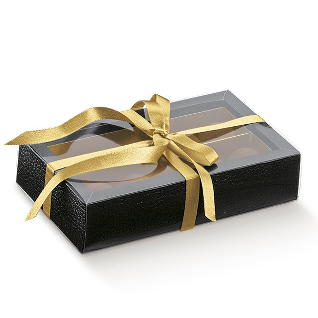 Obrázek produktu SC Krabička na pralinky čiré víčko zlatý vklad (nižší 2,5cm) černá kůže14,5x7,5x3,5cm 10ks