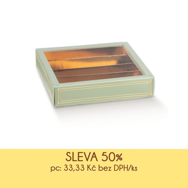 Obrázek produktu SC Krabička na pralinky čiré víčko zlatý vklad potisk ZELENÝ 14,5x14,5x3,5cm 5x10ks - DOPRODEJ SLEVA
