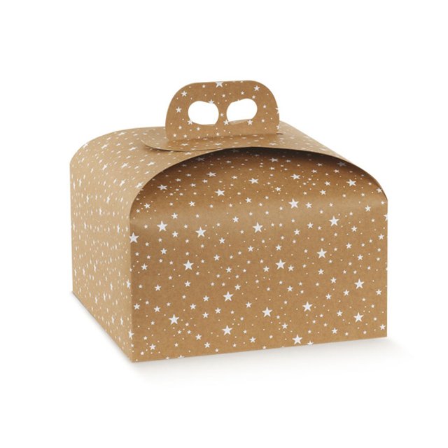 Obrázek produktu SC Krabice na dort (panettone) vyšší Galaxy - přírodní s hvězdami 24,5x24,5x13cm 1ks (na objednávku)