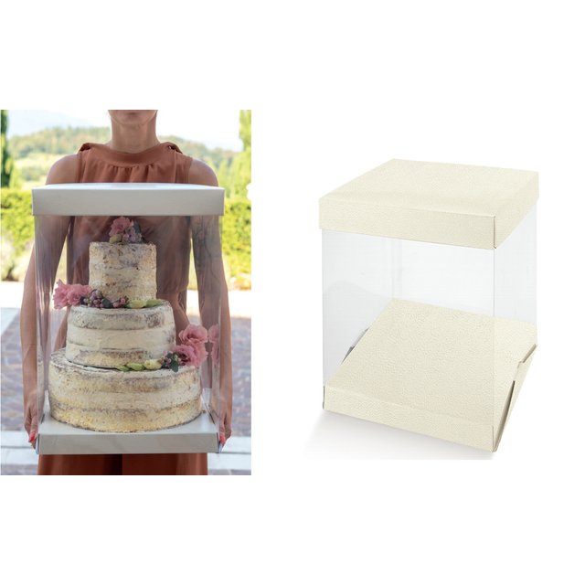 Obrázek produktu SC Krabice na vícepatrový dort průhledná bílá kůže 50x50x54cm 1ks - 4 díly