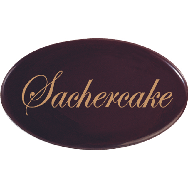 Obrázek produktu PCB DEKOR NÁPIS SACHERCAKE hořká čokoláda ovál 39x23mm 390ks