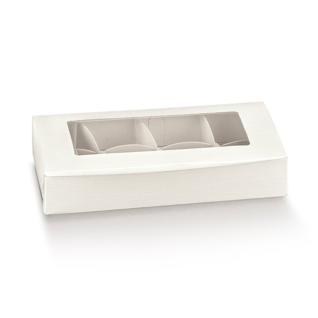 Obrázek produktu SC Krabička na pralinky s okénkem a bílým vkladem potisk bílá 8ks pralinek 16x8x3cm 5x10ks