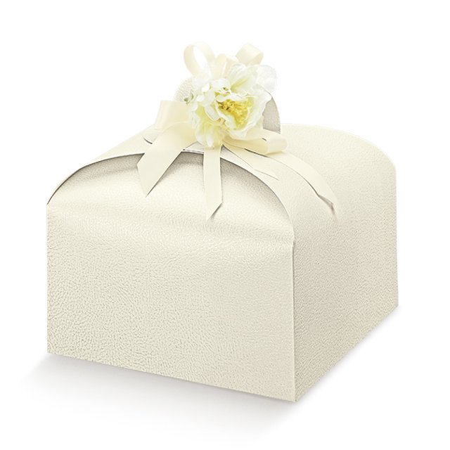 Obrázek produktu SC Krabice na dort (panettone) vyšší oblá s uchem Pelle bianco(bílá kůže) 24,5x24,5x13cm 50ks