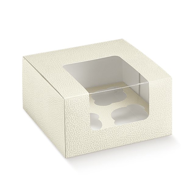 Obrázek produktu SC Krabice na 4 muffiny/cupcakes s okénkem potisk bílá kůže 18x18x10cm 5x10ks