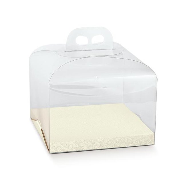 Obrázek produktu SC Krabice na dort hranatá vysoká průhledná s podnosem bílá kůže 25x25x16cm 5x10ks - nevyrábí se