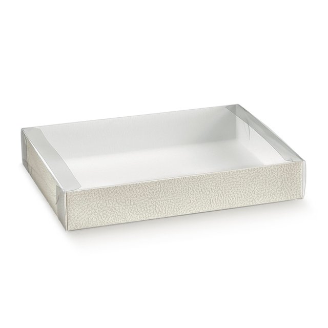 Obrázek produktu SC Krabice na cukroví s průhl. víčkem potisk bílá kůže 29,5x26,5x4cm 10ks