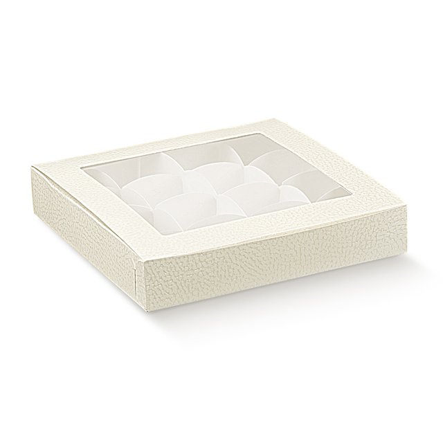 Obrázek produktu SC Krabička na pralinky s okénkem a bílým vkladem potisk bílá kůže 16ks pralinek 16x16x3cm 10ks