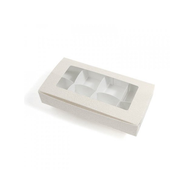 Obrázek produktu SC Krabička na pralinky s okénkem a bílým vkladem potisk bílá kůže 8ks pralinek 16x8x3cm 5x10ks