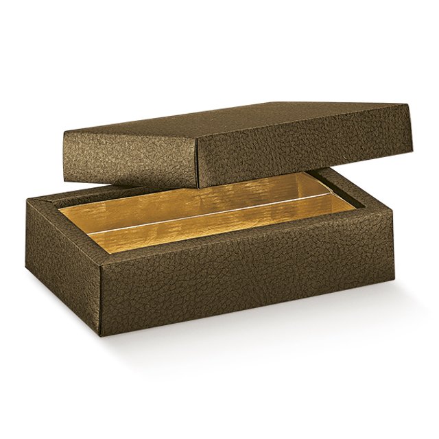 Obrázek produktu SC Krabička na pralinky s víčkem a zlatým vkladem potisk hnědá kůže 14,5x7,5x3,5cm 5x10ks