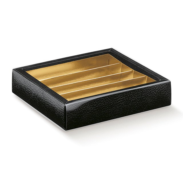 Obrázek produktu SC Krabička na pralinky čiré víčko zlatý vklad potisk černá kůže14,5x14,5x3,5cm 5x10ks