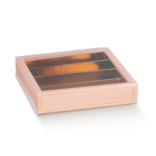 Obrázek produktu SC Krabička na pralinky čiré víčko zlatý vklad potisk RŮŽOVÝ 14,5x14,5x3,5cm 5x10ks