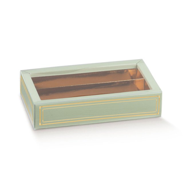 Obrázek produktu SC Krabička na pralinky čiré víčko zlatý vklad potisk ZELENÝ 14,5x7,5x3,5cm 5x10ks