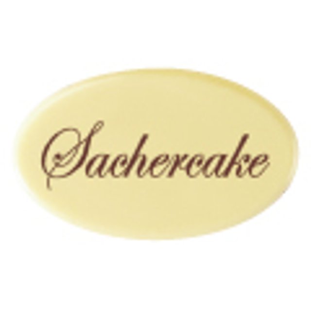 Obrázek produktu PCB DEKOR NÁPIS SACHERCAKE bílá čokoláda ovál 39x23mm 390ks
