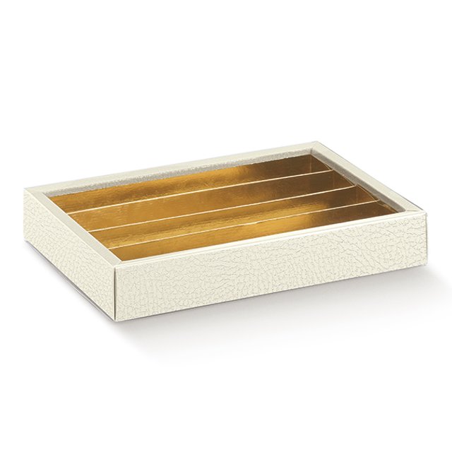 Obrázek produktu SC Krabička na pralinky čiré víčko zlatý vklad potisk bílá kůže 21,5x14,5x3,5cm 5x10ks